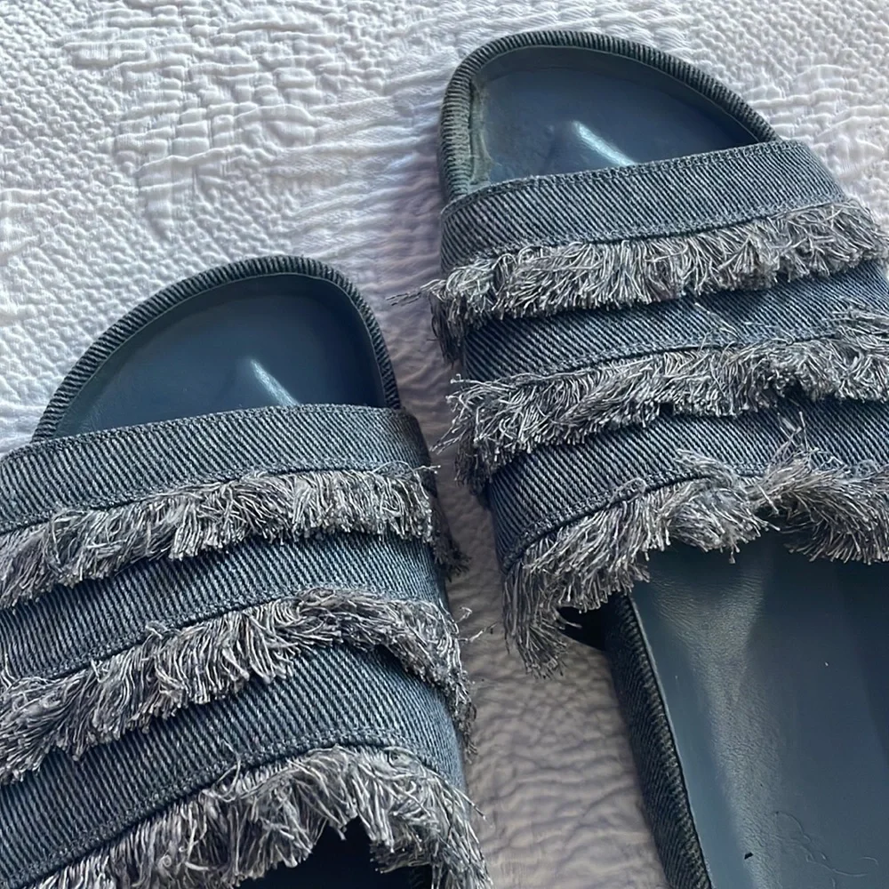 JOIE Jayden Blue Fringe Denim Slide Slip On Sandals - Picture 2 of 4